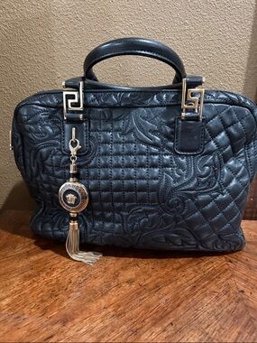 VTG G. Versace 'Vanitas' Black Baroque Quilted Handbag w/ Gold Medusa Tassel